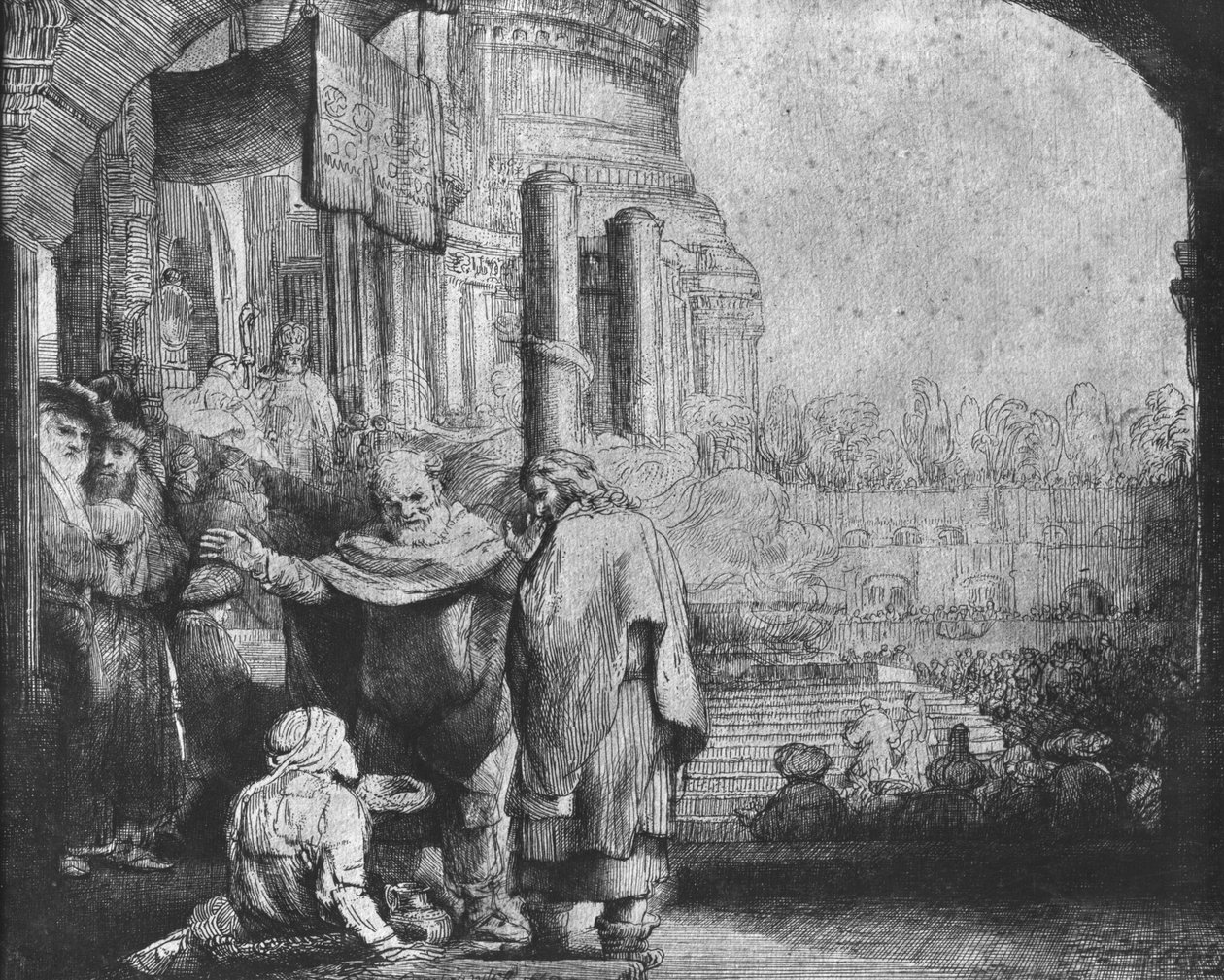 سانت بيتر وسانت جون عند مدخل المعبد ، 1649 (النقش) (وزن الصورة) بواسطة رامبرانت فان راين
