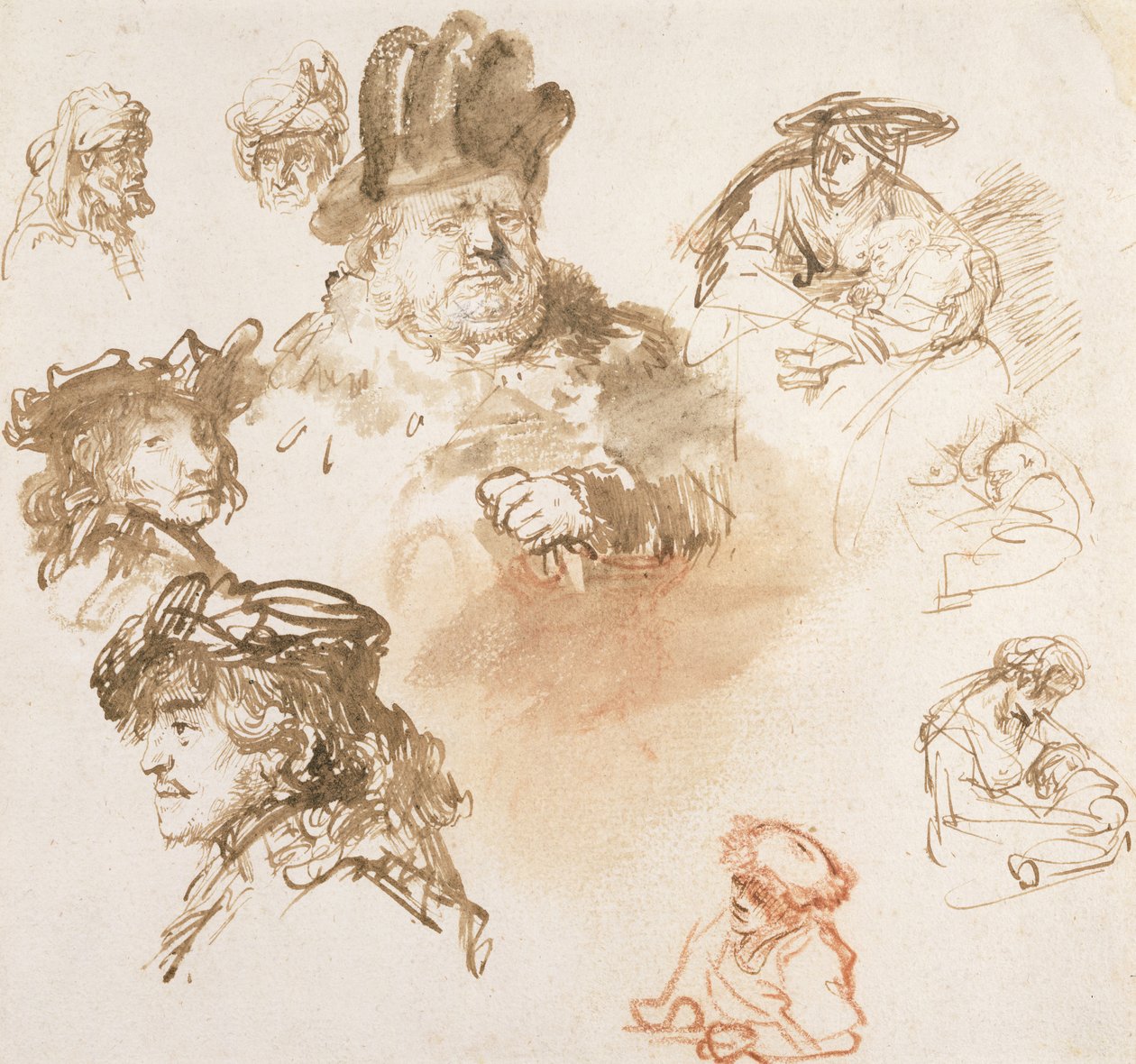 دراسات لرؤساء كبار السن وثلاث نساء مع أطفال ، c.1635-36 (حبر وغسل على الورق) بواسطة رامبرانت فان راين