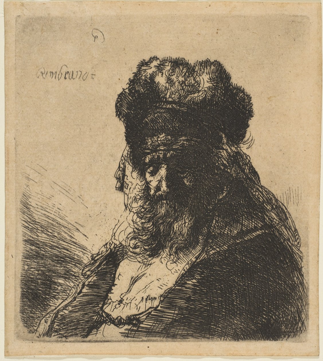 الرجل العجوز الملتحي بقبعة عالية من الفراء ، وعيناه مغلقتان ، كاليفورنيا. 1635. بواسطة رامبرانت فان راين