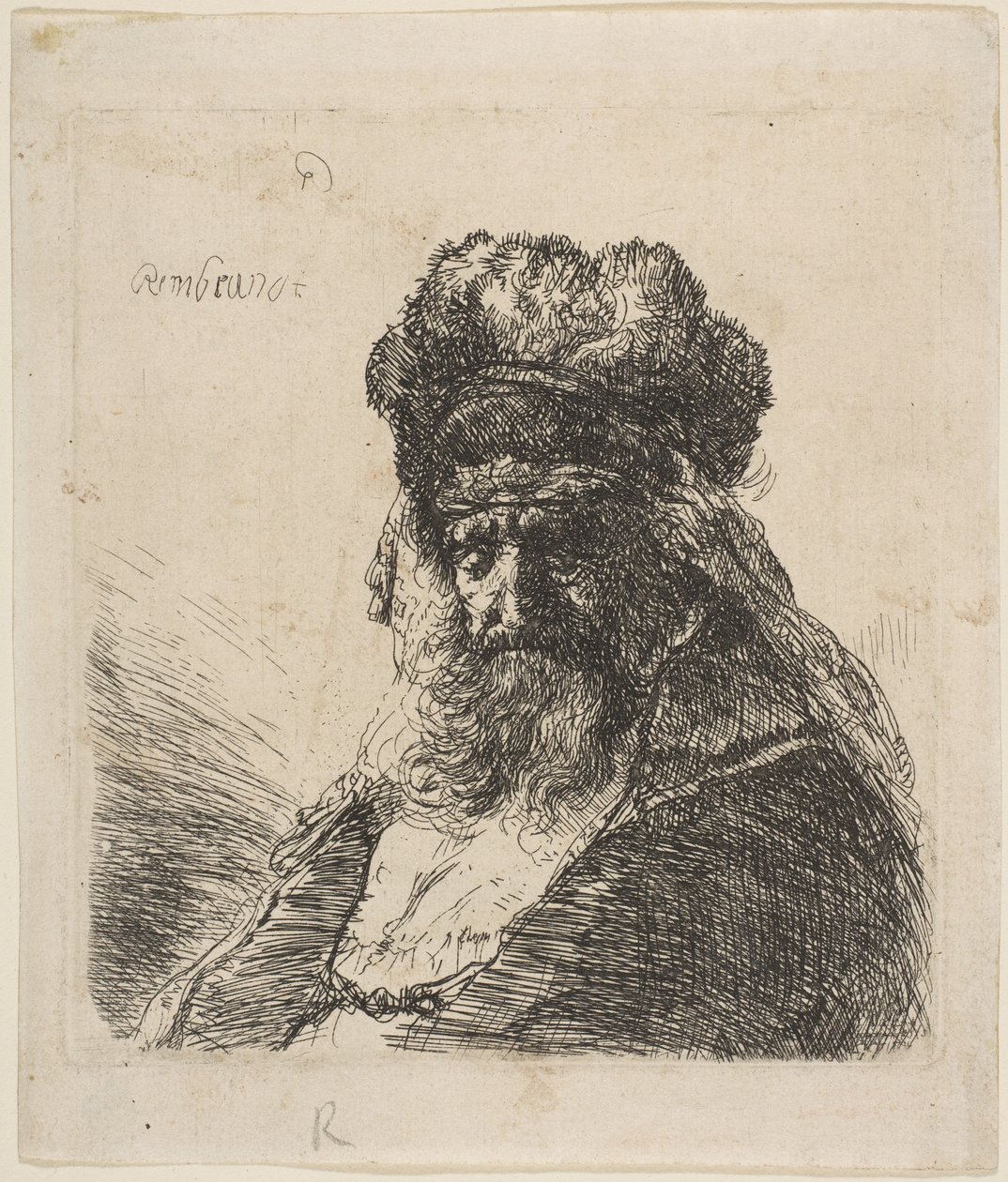 الرجل الملتحي القديم في غطاء فرو مرتفع ، مع عيون مغلقة ، كاليفورنيا. 1635. بواسطة رامبرانت فان راين