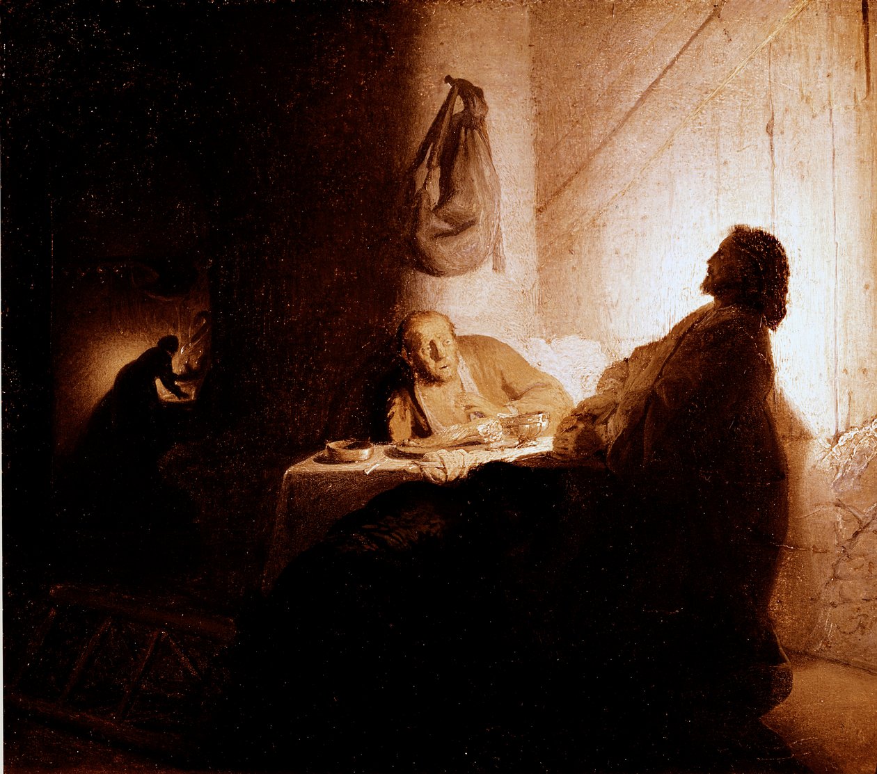 The dinner of Emmaus Christ appears to the pilgrims sitting at a table in an inn in Emmaus. Painting by Harmensz van Rijn dit Rembrandt (1606-1669) 1628-1629 Sun. 21,5x16,5 cm Paris, musee Jacquemart Andre بواسطة رامبرانت فان راين