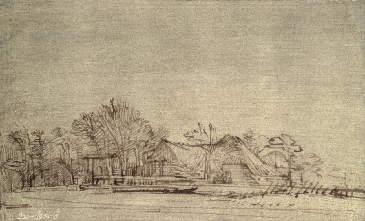 المناظر الطبيعية الشتوية مع الأكواخ بين الأشجار ، c.1650 (قلم القصب والحبر البني) بواسطة رامبرانت فان راين