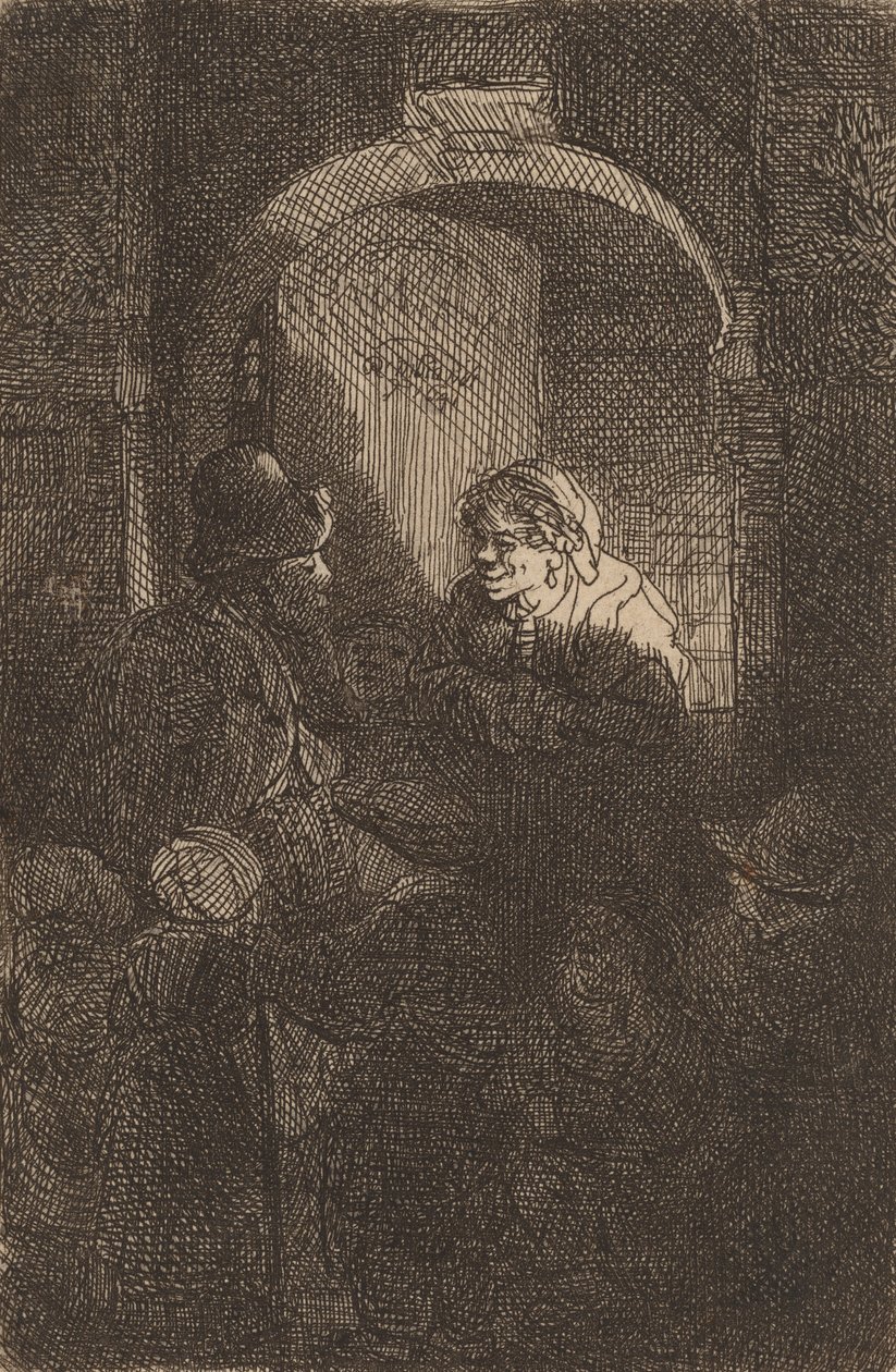 امرأة عند فتحة الباب تتحدث إلى رجل وأطفال مدير المدرسة ، 1641. بواسطة رامبرانت فان راين
