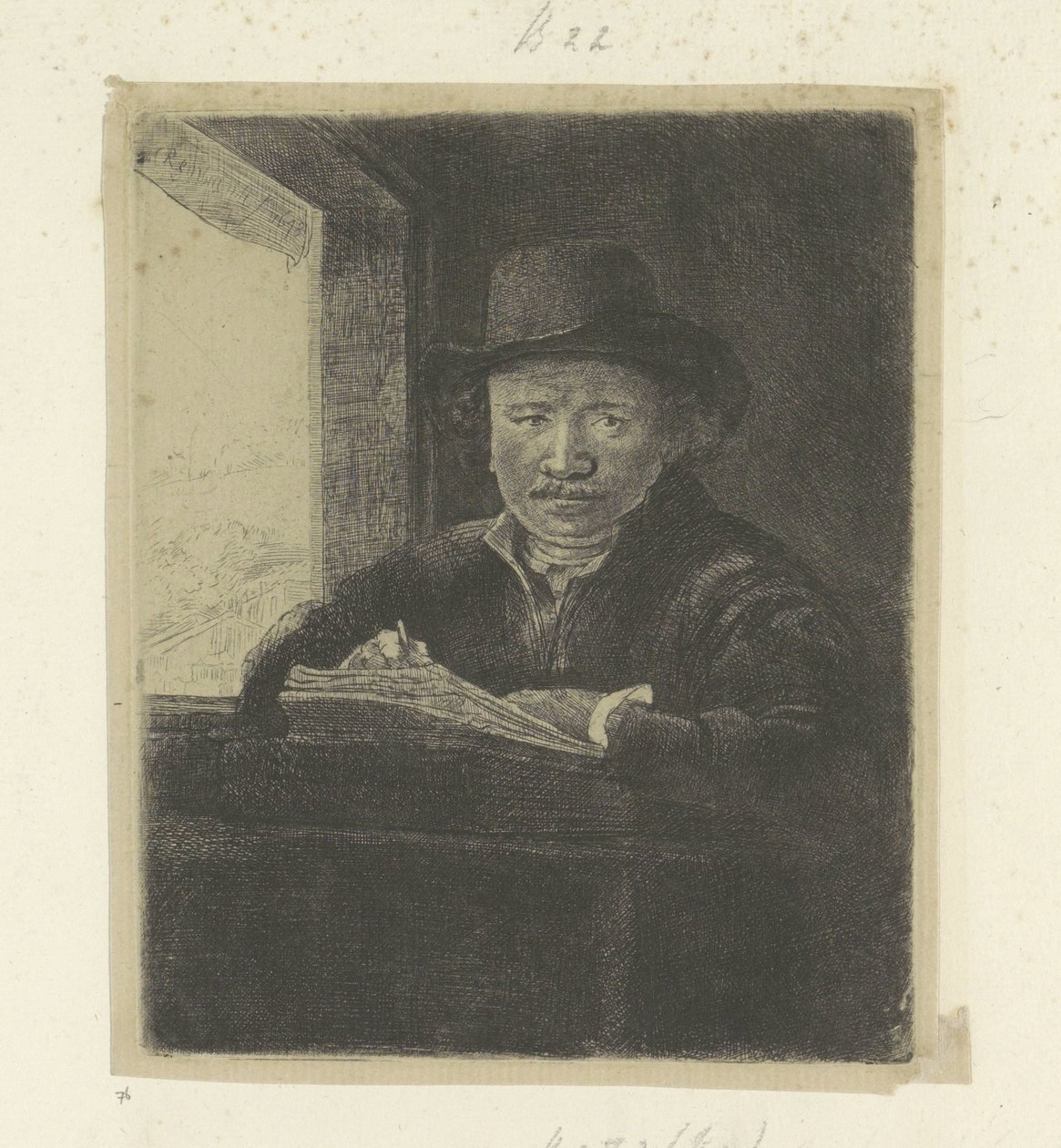 صورة شخصية ، رسم على النافذة Recueil de quatre-vingt-cinq estampes originales (عنوان المسلسل) بواسطة رامبرانت فان راين