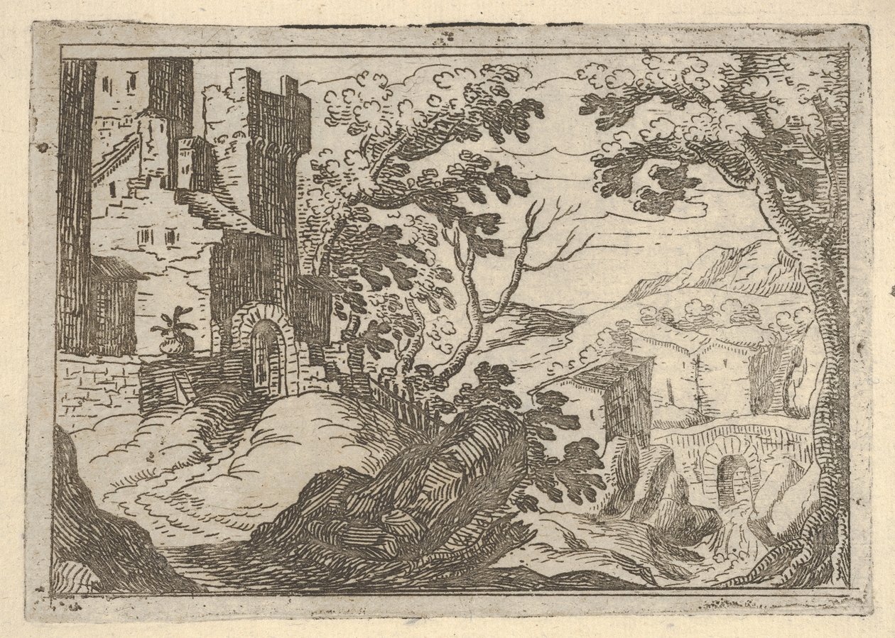 المناظر الطبيعية مع المباني إلى اليسار وجسر على اليمين أدناه ، كاليفورنيا. 1620-50. بواسطة ريميجيو كانتاجالينا