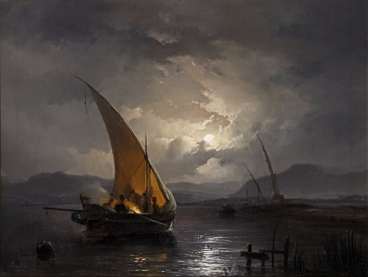 منظر ليلي مع مركب شراعي حيث يتم إشعال النار بعد عام 1860 (زيت على قماش) بواسطة Remigius van Haanen