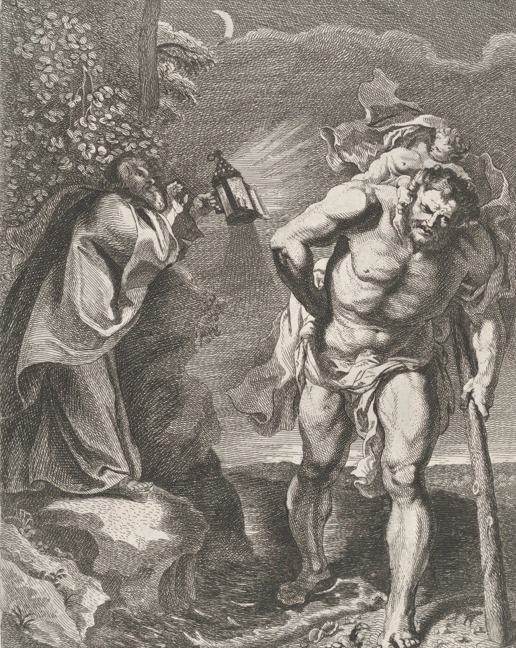 القديس كريستوفر يحمل المسيح الطفل عبر جدول ، رجل آخر يحمل ... ، كاليفورنيا. 1636-80. بواسطة ريمولدوس اينهودتس
