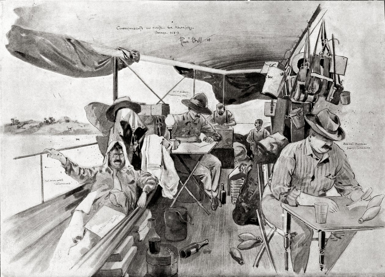 مراسلو الحرب على الطريق إلى الخرطوم ، مطبوع "بالأبيض والأسود" ، 20 أغسطس 1898 (الطباعة الحجرية) بواسطة رينيه بول