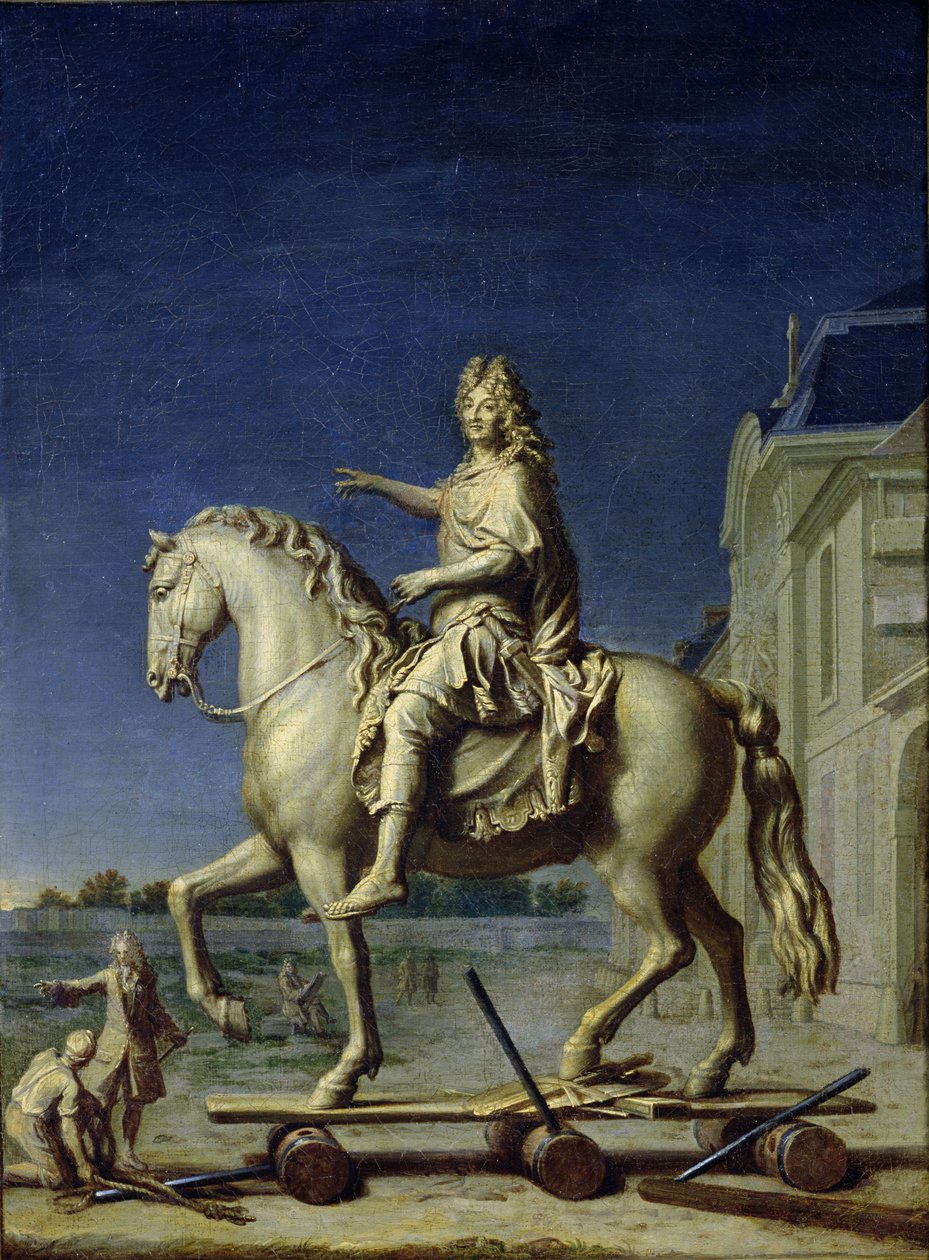 نقل تمثال الفروسية لويس الرابع عشر إلى Place Vendome في عام 1699 ، بعد عام 1669 بواسطة رينيه أنطوان حواس