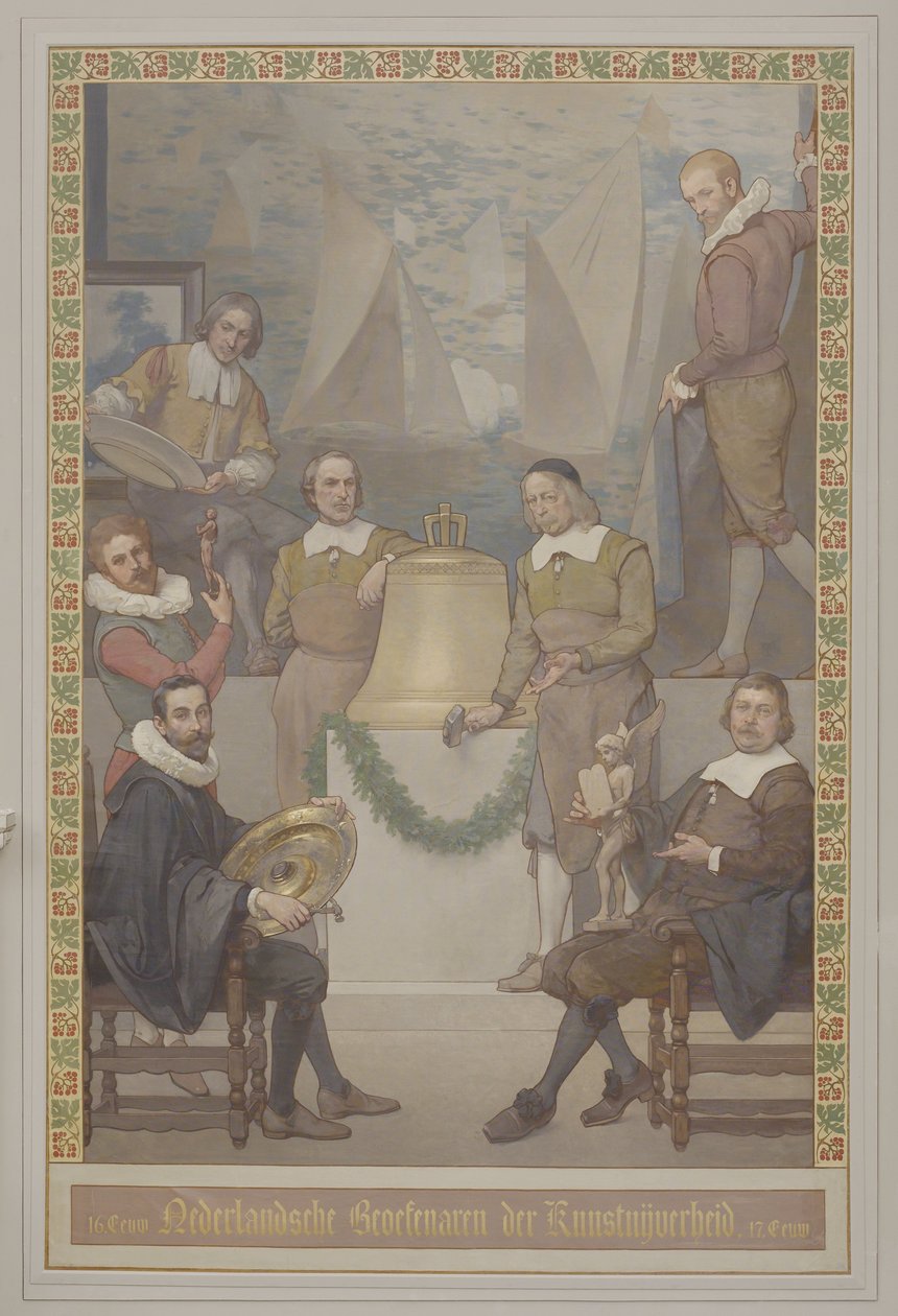 الرسم في Voorhal بواسطة Georg Sturm من Kunstnijverheid (بما في ذلك صناعة الساعات) مع النقش: ممارسو الفنون والحرف الهولنديون في القرن السادس عشر بواسطة رينيه دين إنجلسمان