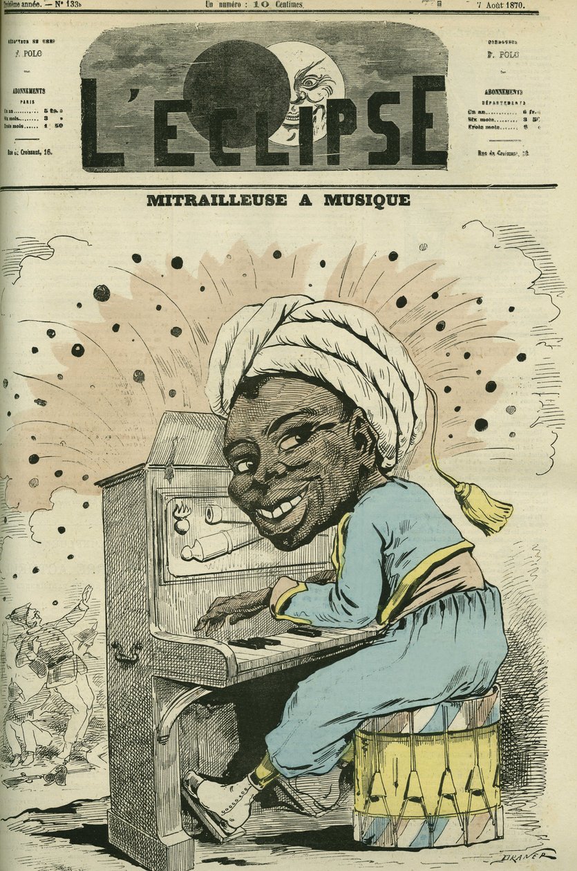 مدفع رشاش مع موسيقى رسوم متحركة لجول رينارد درانر (1833-1926) ، متخصص في الحياة العسكرية بين جميع الجنسيات. غلاف في "L'Eclipse" بقلم درانر ، 7 أغسطس بواسطة رينارد جول درينر