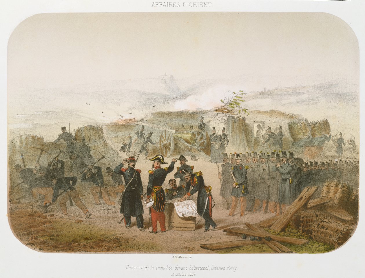 بناء خندق أمام سيباستوبول ، 10 أكتوبر 1854 ، 1854 (الطباعة الحجرية الملونة) بواسطة رينيه ديمورين