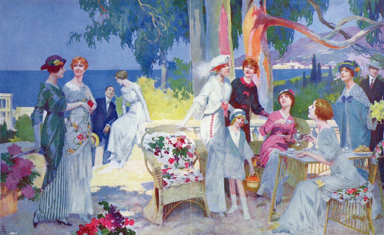 حفلة شاي في حديقة على الريفييرا الفرنسية ، رسم توضيحي من `` La Vie Heureuse &39;&39; ، مارس 1913 بواسطة رينيه ليلونج