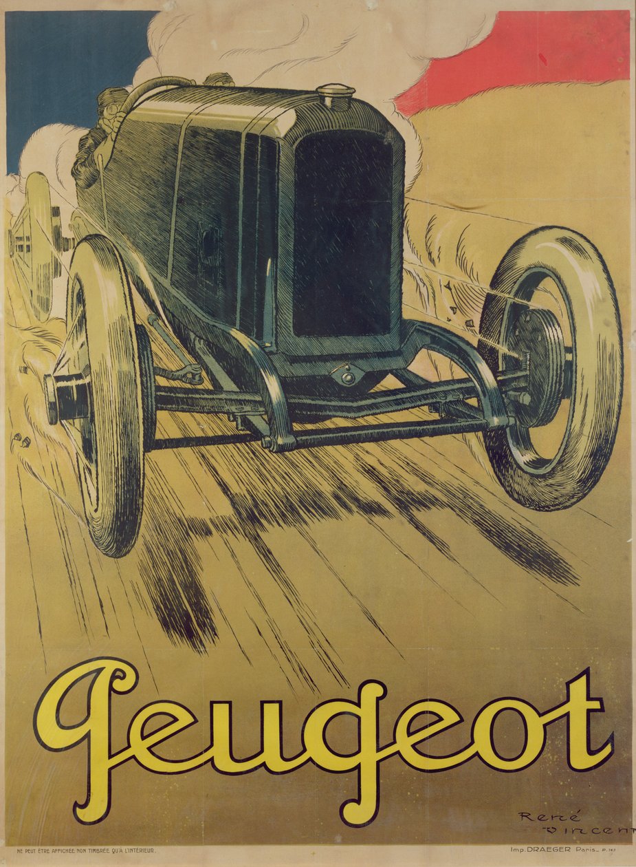 ملصق الإعلان عن سيارة سباق بيجو ، ج .1918 بواسطة رينيه فنسنت