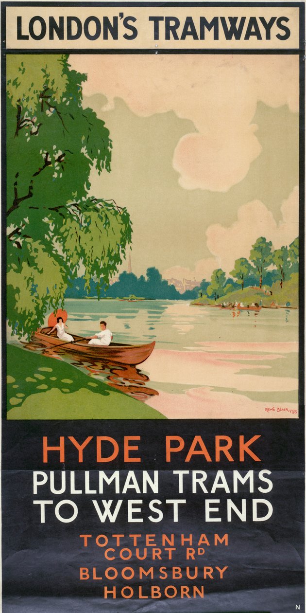 'Hyde Park، Pullman Trams to West End' ، ملصق مجلس مقاطعة لندن LCC Tramways ، 1930 بواسطة رينيه بلير