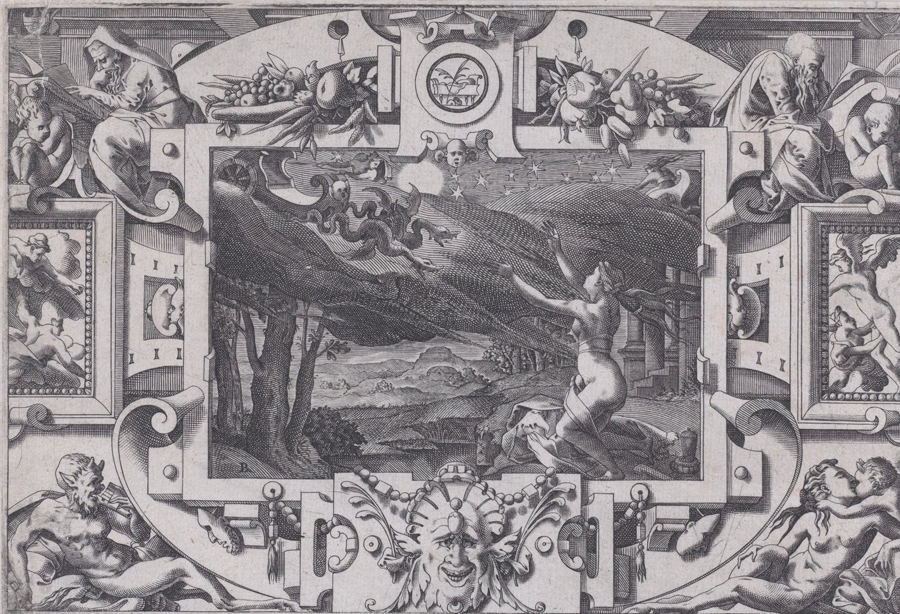 المدية وعرارتها التي رسمها التنانين أشعثت وعارية في ليلة مظلمة ، في مكان مهجور ... ، 1563. بواسطة رينيه بويفين