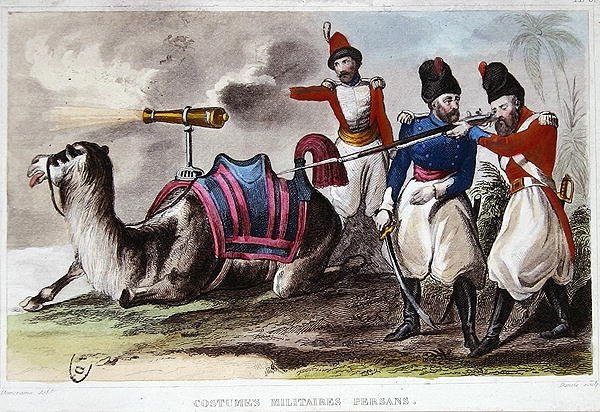أزياء عسكرية فارسية من القرن التاسع عشر وجمل يحمل مدفعًا ، حوالي 1840 (ليثو ملون) بواسطة رينيه ديمورين