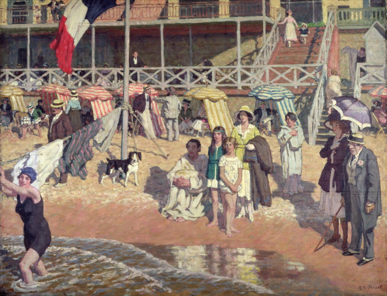 السباحون أمام فندق جراند ، كابورج ، حوالي عام 1920 (زيت على لوح) بواسطة رينيه فرانسوا كزافييه برينيت