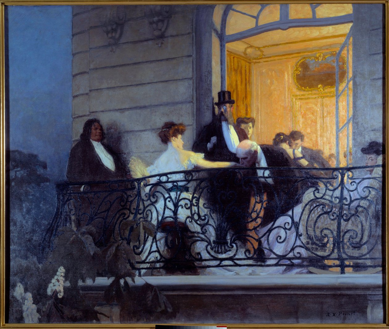 Belle Epoque: "" The Balcony "" أمسية اجتماعية ، رجل يمارس الجنس باليد مع المضيفة. رسم رينيه برينيت (1861-1946) 1900 صن. 1،86x1،56 م كاين ، متحف الفنون الجميلة بواسطة رينيه فرانسوا كزافييه برينيت