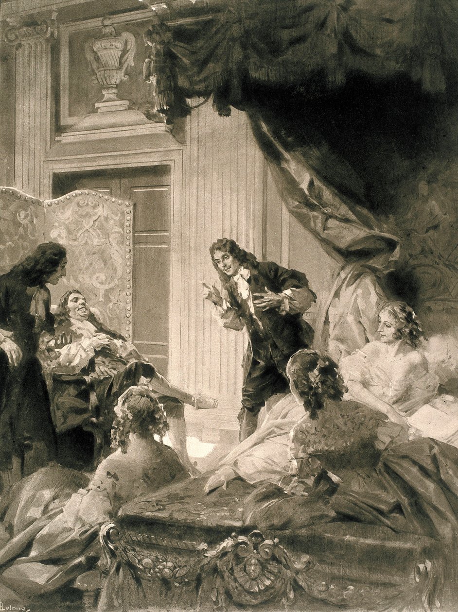 مشهد من مسرحية "Le Malade Imaginaire" لجين بابتيست بوكلين ديت موليير (1622-1673) ، أواخر القرن التاسع عشر وأوائل القرن العشرين (رسم) بواسطة رينيه ليلونج