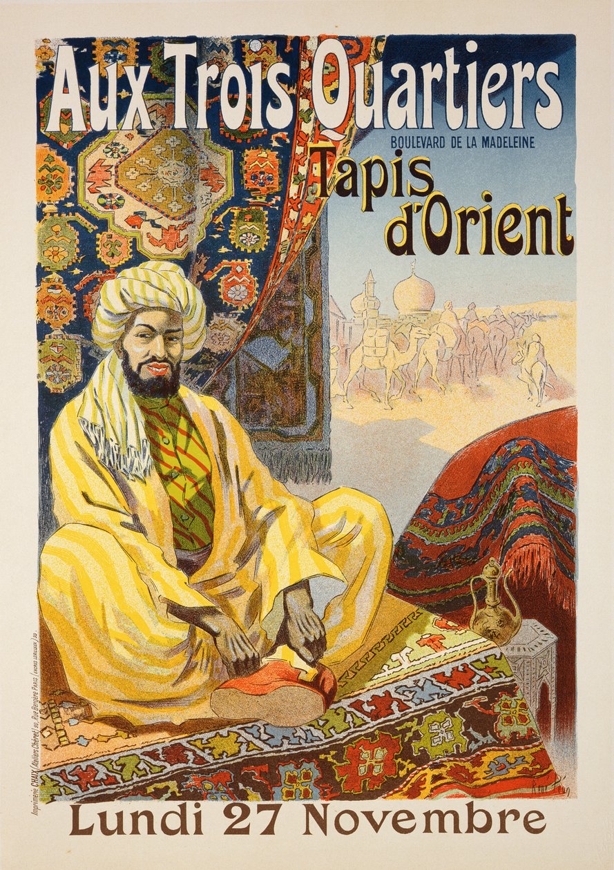 استنساخ ملصق إعلاني بعنوان "سجاد شرقي" ، عُرض في "Aux Trois Quartiers" ، 1899 بواسطة رينيه بين