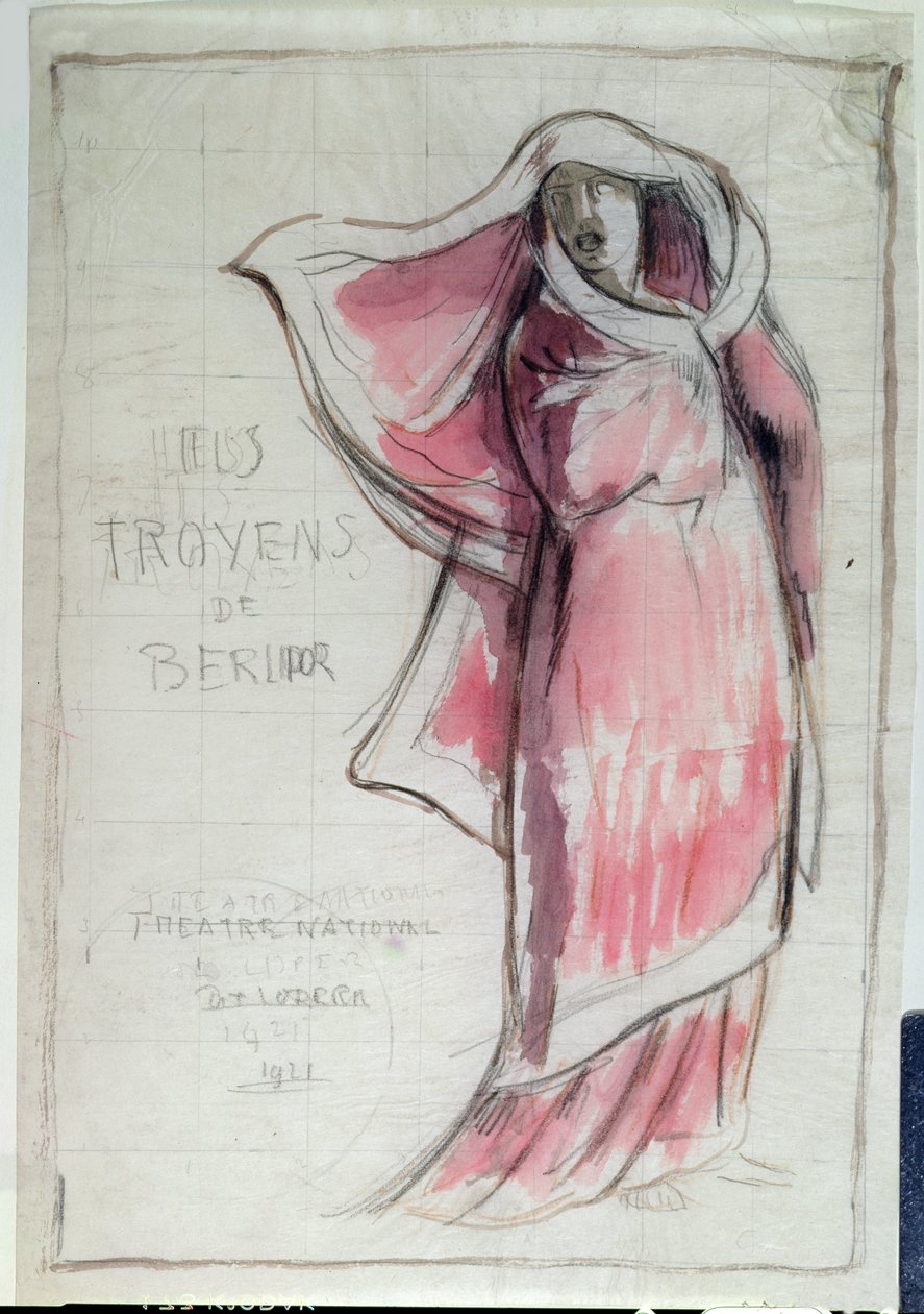 تصميم لملصق إعلاني Les Troyens (The Trojans) ألحان هيكتور برليوز (1803-69) لأداء في أوبرا دي باريس عام 1921 (قلم رصاص ومرحاض على الورق) بواسطة رينيه بيوت