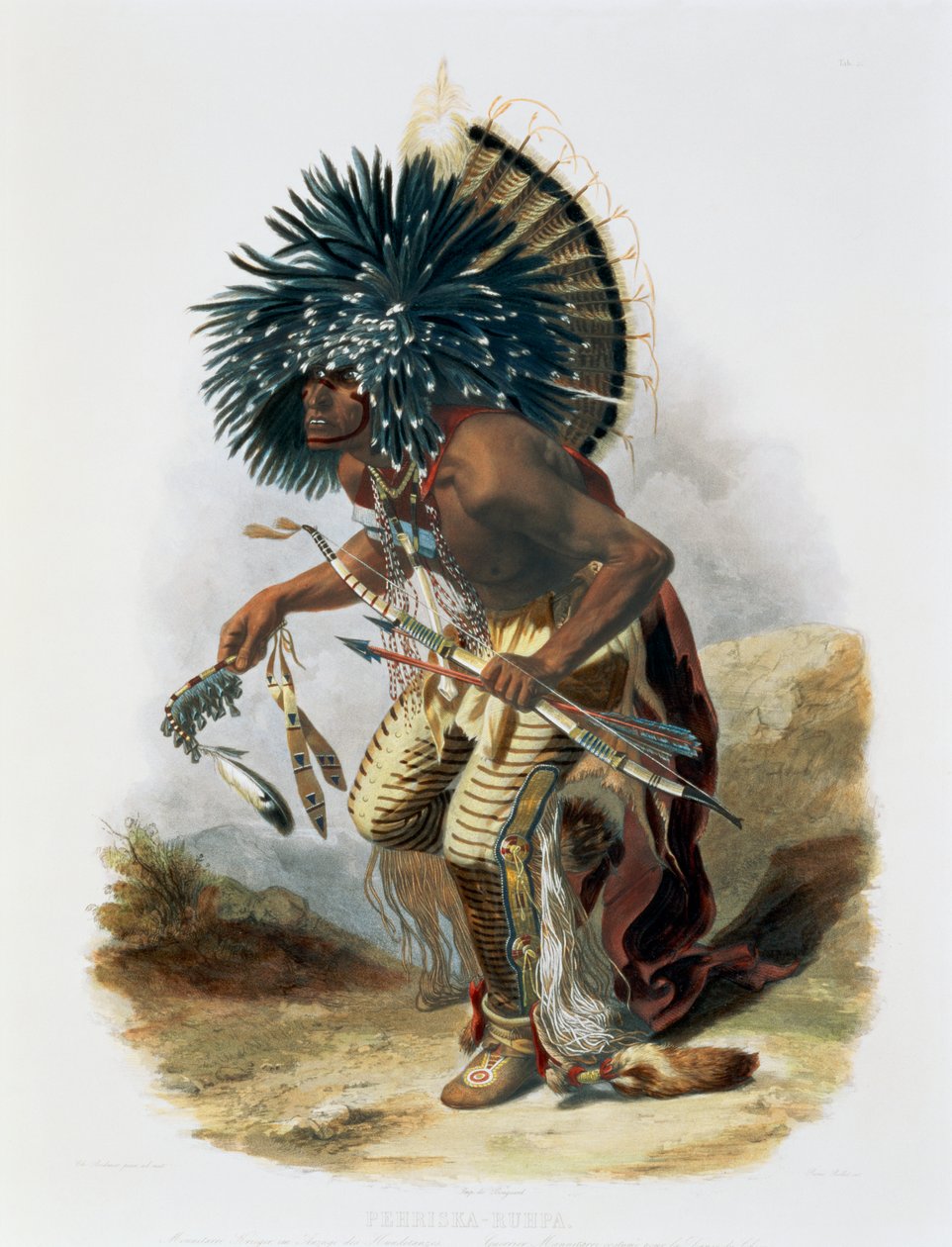 "Pehriska-Ruhpa ، Minatarre Warrior in the Costume of the Dog Dance '' ، ١٨٤٣ بواسطة رينيه روليت