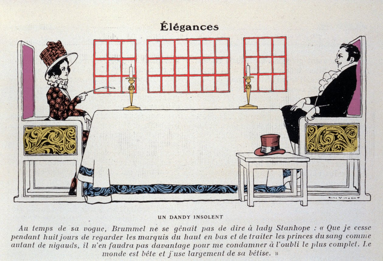 تمثيل بيو بروميل (جورج بريان بروميل) (1778-1840) أمام السيدة ستانهوب ، ولّد تعبير "داندي" ولعب دورًا مهمًا في أزياء الرجال (الطباعة الحجرية) بواسطة رينيه فنسنت