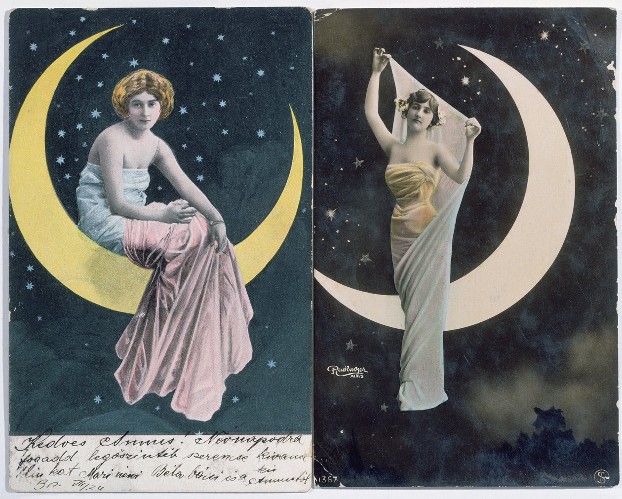 بطاقات بريدية مجرية (على اليسار) وفرنسية (على R.) تصور امرأة وهلال (c.1910) (صورة ملونة) بواسطة استوديو ريوتلنجن