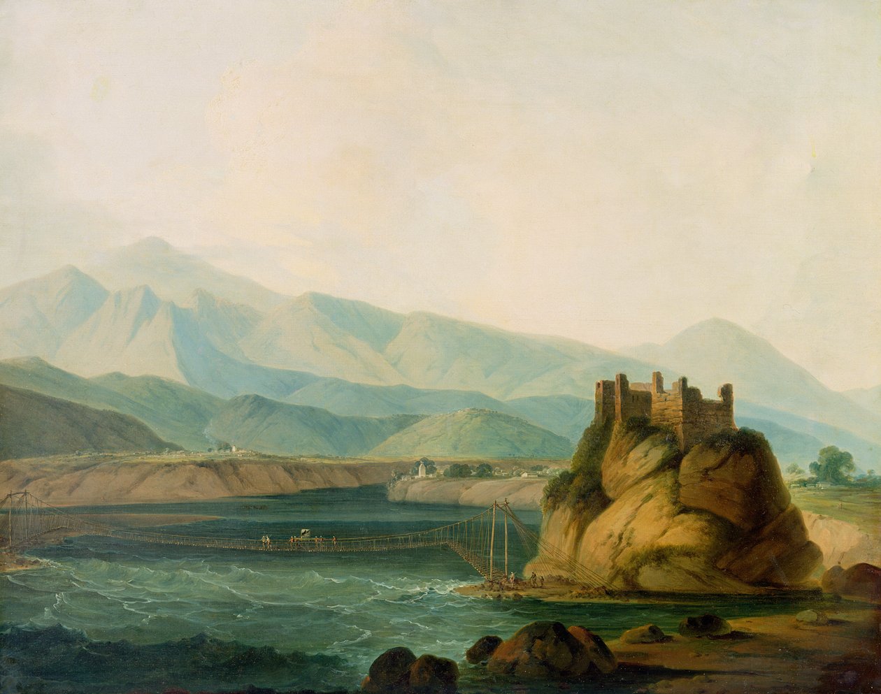جسر الحبل في Serinagur ، c.1800 بواسطة القس إدوارد توماس دانييل
