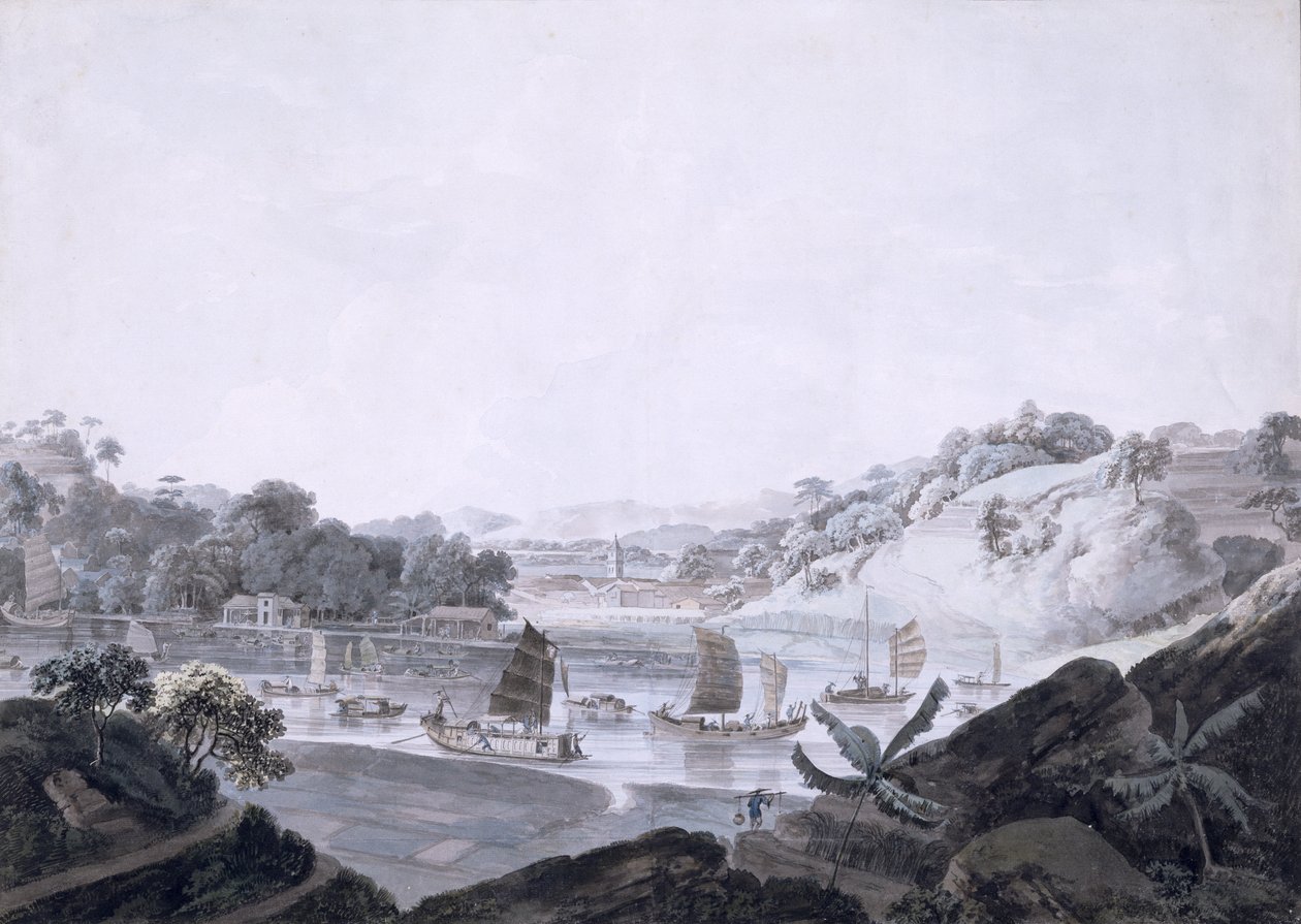 منظر لـ Some-Cheon في الجزيرة الفرنسية ، مأخوذ من جزيرة الدنمارك ، الصين ، 1793-94 (مرحاض فوق الجرافيت على ورق مسدود) بواسطة القس إدوارد توماس دانييل