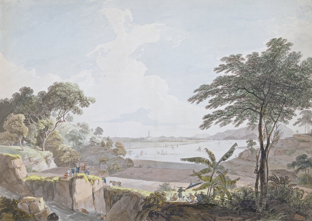منظر لنهر كانتون ، بالقرب من وامبوا ، الصين ، c.1785-94 (مرحاض وجرافيت على ورق مسدود) بواسطة القس إدوارد توماس دانييل