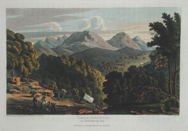 Trekatackaw في خليج Plettenberg ، مأخوذ من الرسم الأصلي بواسطة R. Cocking ، تم نشره عام 1818 (نقش ملون) بواسطة القس كريستيان اغناطيوس (بعد) لاتروب