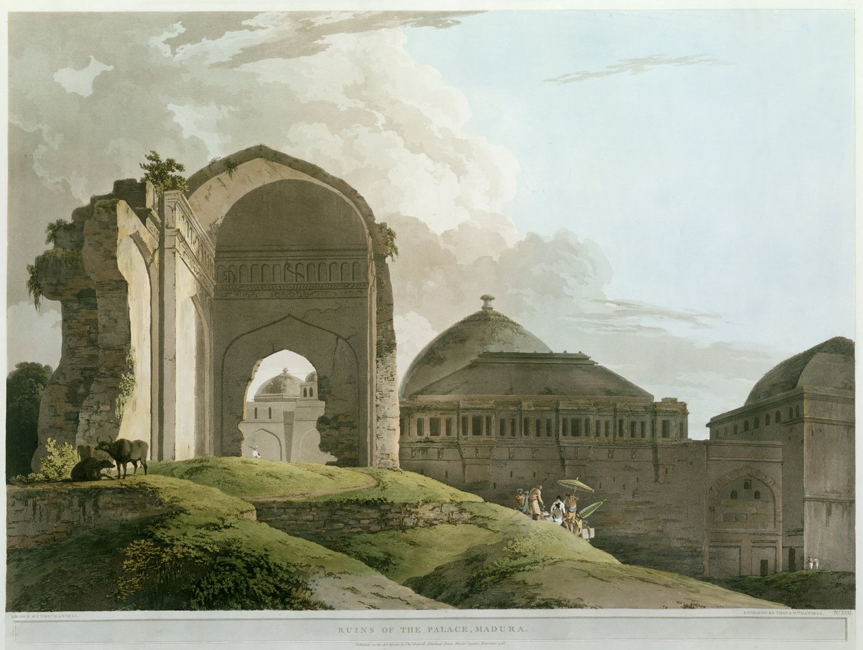 أطلال القصر في مادوراي ، نقشها توماس وويليام (1769-1837) دانييل ، نُشر عام 1798 (لون ليثو) بواسطة القس إدوارد توماس دانييل