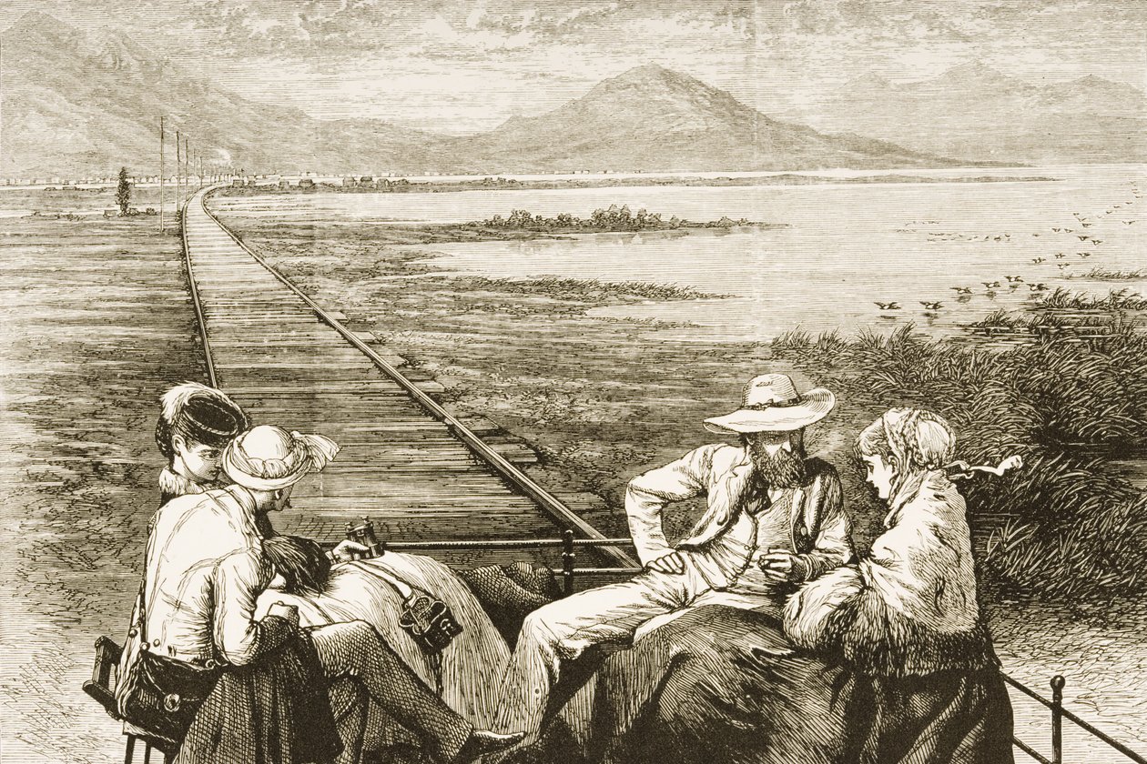 سيارة تفتيش على سكك حديد المحيط الهادئ تقترب من بحيرة الملح العظمى ، c.1880 بواسطة القس صمويل مانينغ