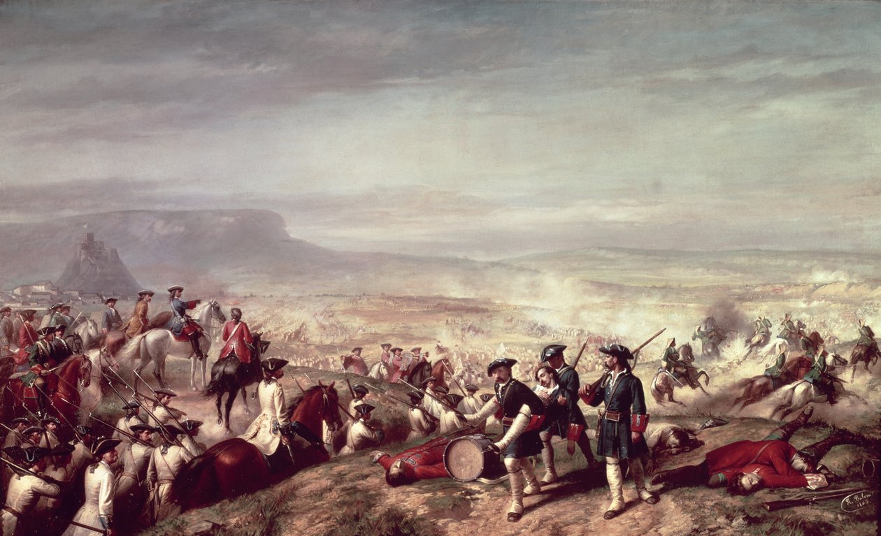 معركة المانسا بين قوات فيليب الخامس (1683-1746) وقوات الأرشيدوق تشارلز النمسا عام 1707 (زيت على قماش) بواسطة ريكاردو بالاكا ذ كانسيكو