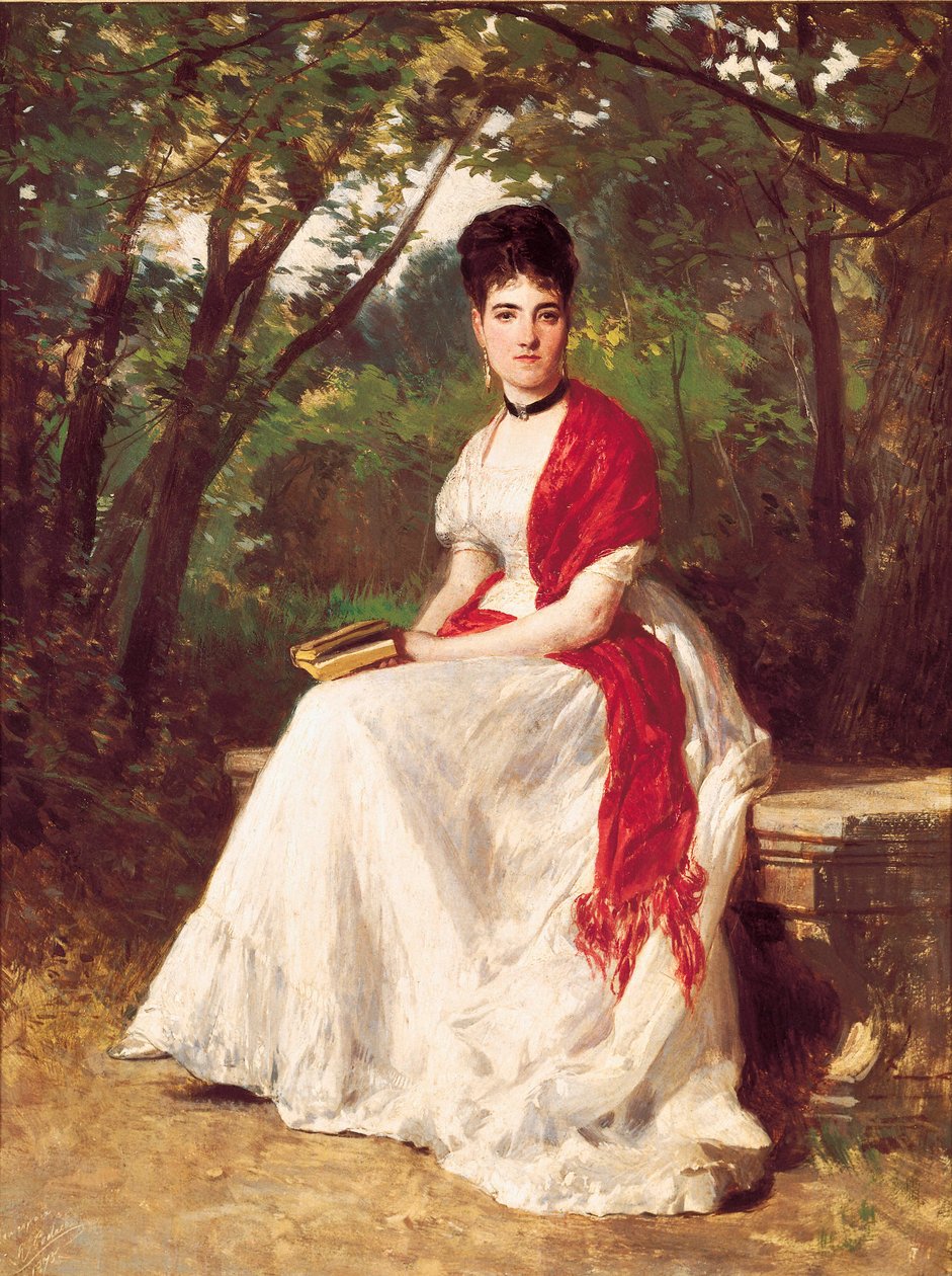 صورة لتريزا فيرجارا ، زوجة الرسام ، جالسة في حديقة. لوحة لريكاردو بالاكا وأوريجاس كانسيكو (1844-1880). 1875. مدريد. مؤسسة لازارو جالديانو. بواسطة ريكاردو بالاكا ذ كانسيكو