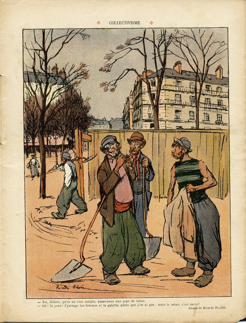 رسم توضيحي لـ Ricardo Flores (1878-1918) في Le Rire ، 06/02/09 - الجماعية - العمارة الاجتماعية والعمرانية والشجرة والبناء والجماعية - عامل العمال ، Terrassiers بواسطة ريكاردو فلوريس