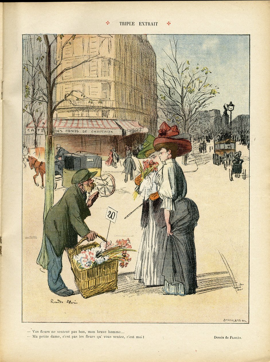 رسم توضيحي لريكاردو فلوريس (1878-1918) في Le Rire ، 25/04/08 - مقتطفات ثلاثية - العمارة الحضرية والأزياء والقبعات والنقل والزهور والمحلات التجارية بواسطة ريكاردو فلوريس