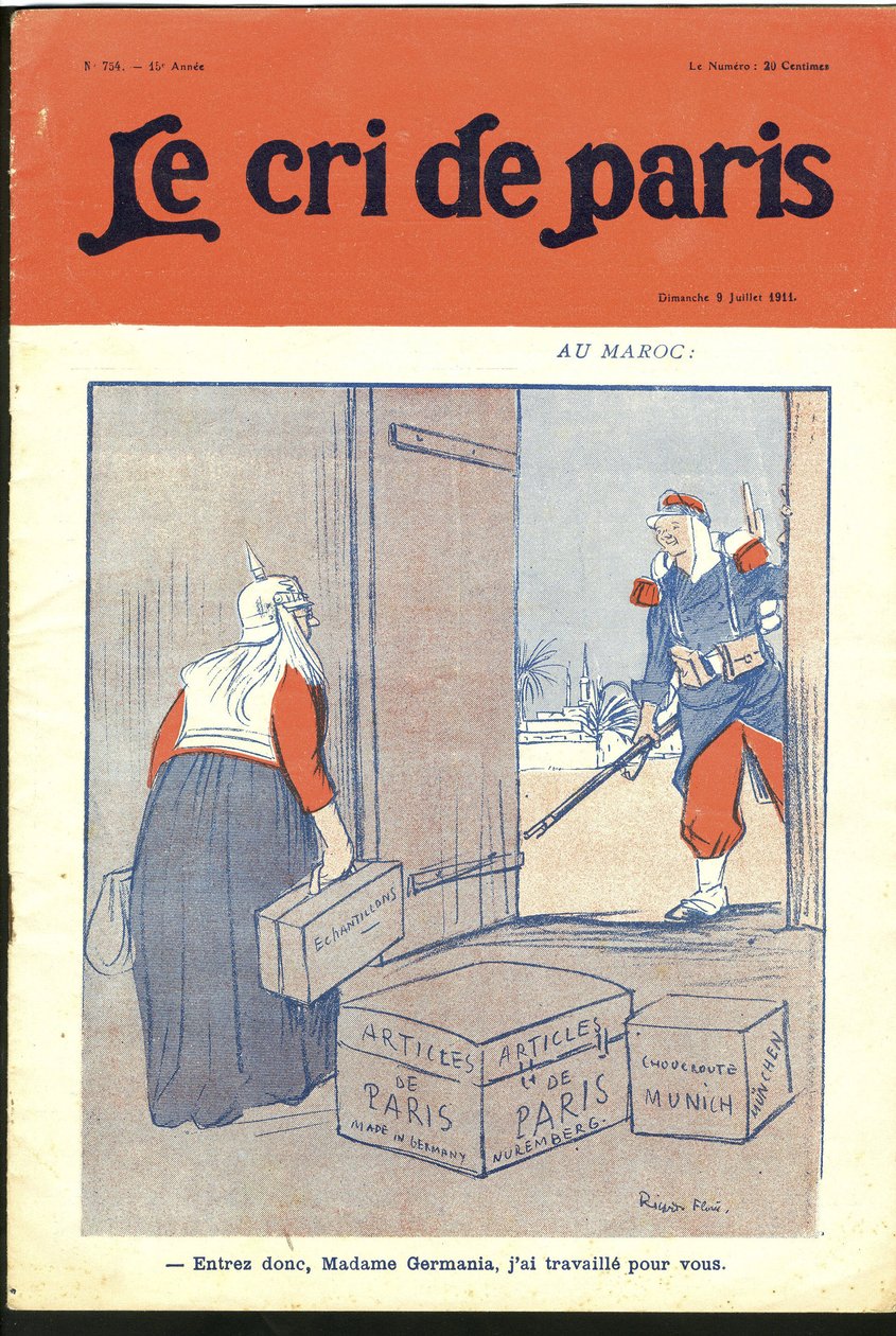 رسم توضيحي لريكاردو فلوريس (1878-1918) لغلاف Le Cri de Paris ، 09/07/11 - "" أدخل سيدتي العزيزة ، لقد عملت من أجلك. "- ألمانيا بروسيا ، المغرب ، المغرب العربي - ألمانيا بواسطة ريكاردو فلوريس
