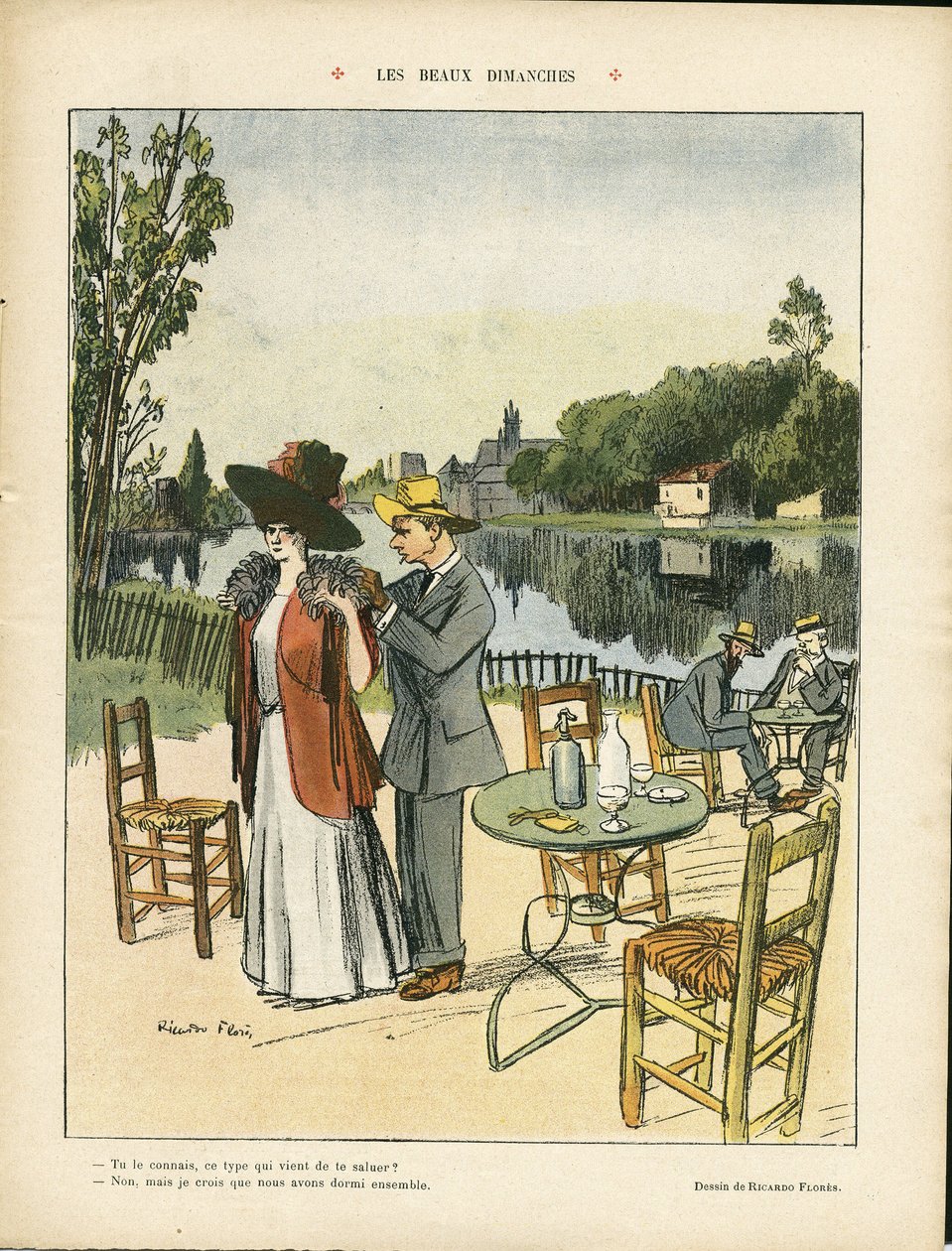 رسم توضيحي لـ Ricardo Flores (1878-1918) في Le Rire ، 04/07/08 - أيام الأحد الجميلة - الترفيه ، والنباتات الطبيعية ، والعمارة العمرانية ، ومقاهي المطاعم ، والبحر البحري البحري بواسطة ريكاردو فلوريس