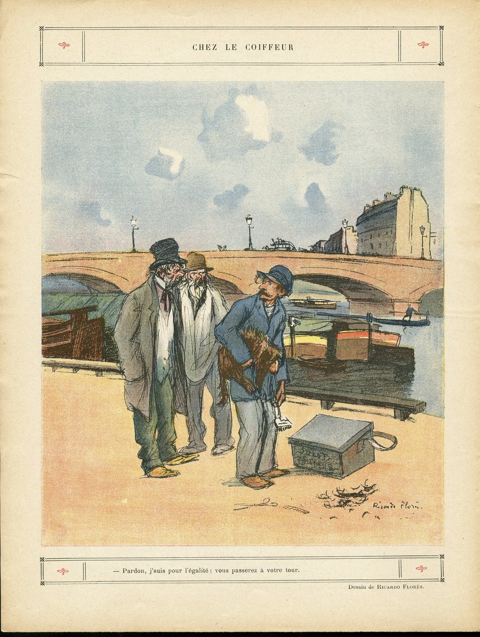 رسم توضيحي لـ Ricardo Flores (1878-1918) في Le Rire ، 05/10/12 - Chez le coiffure - Paris ، Metiers ، Architecture Urbanisme ، Pont ، Riviere Fleuve - الكلب ، مصفف الشعر بواسطة ريكاردو فلوريس