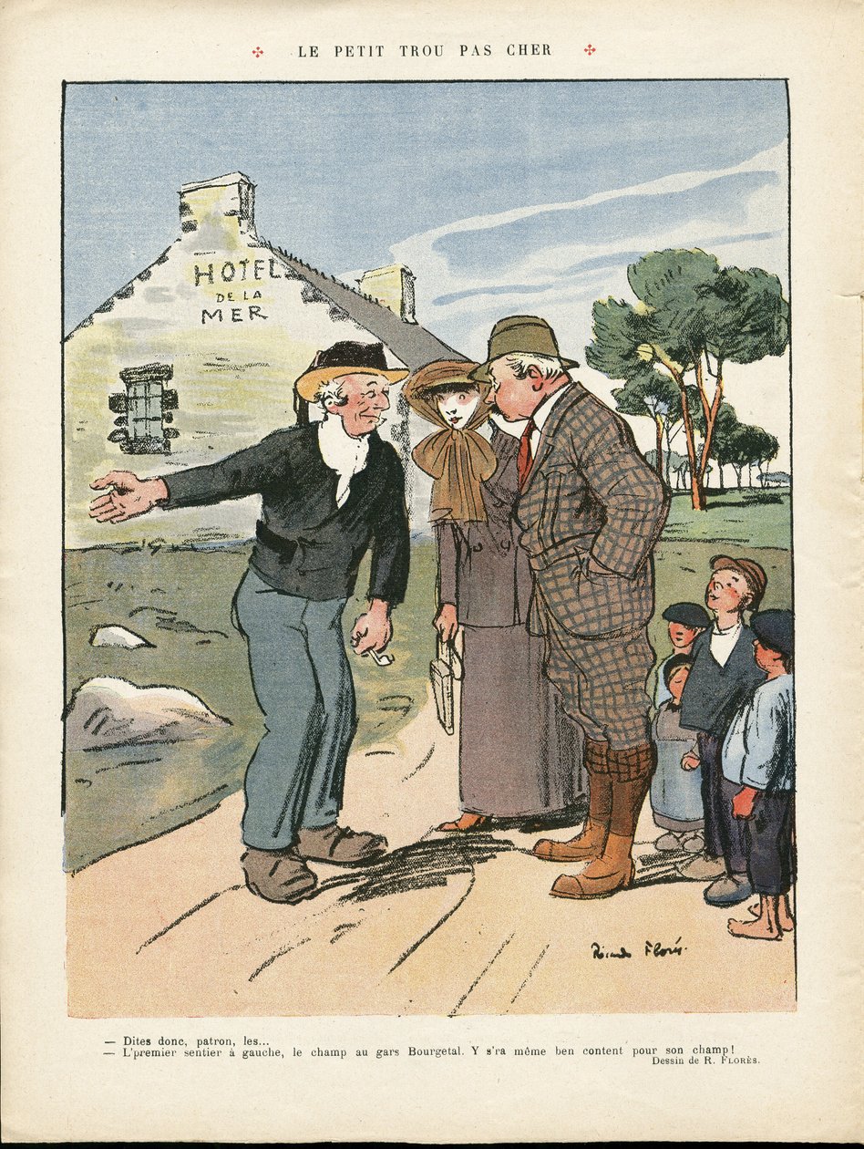 رسم توضيحي لـ Ricardo Flores (1878-1918) في Le Rire ، 20/07/12 - الحفرة الصغيرة الرخيصة - الريف ، والأزياء ، والبحر البحري ، والأزياء الرجالية ، والسياح السياحيون ، والفندق بواسطة ريكاردو فلوريس