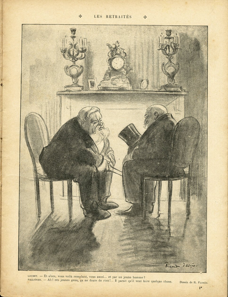 رسم توضيحي لريكاردو فلوريس (1878-1918) في Le Rire ، 22/02/13 - معاشات - رئيس الجمهورية - Fallieres Armand (1841-1931) ، Loubet Emile بواسطة ريكاردو فلوريس