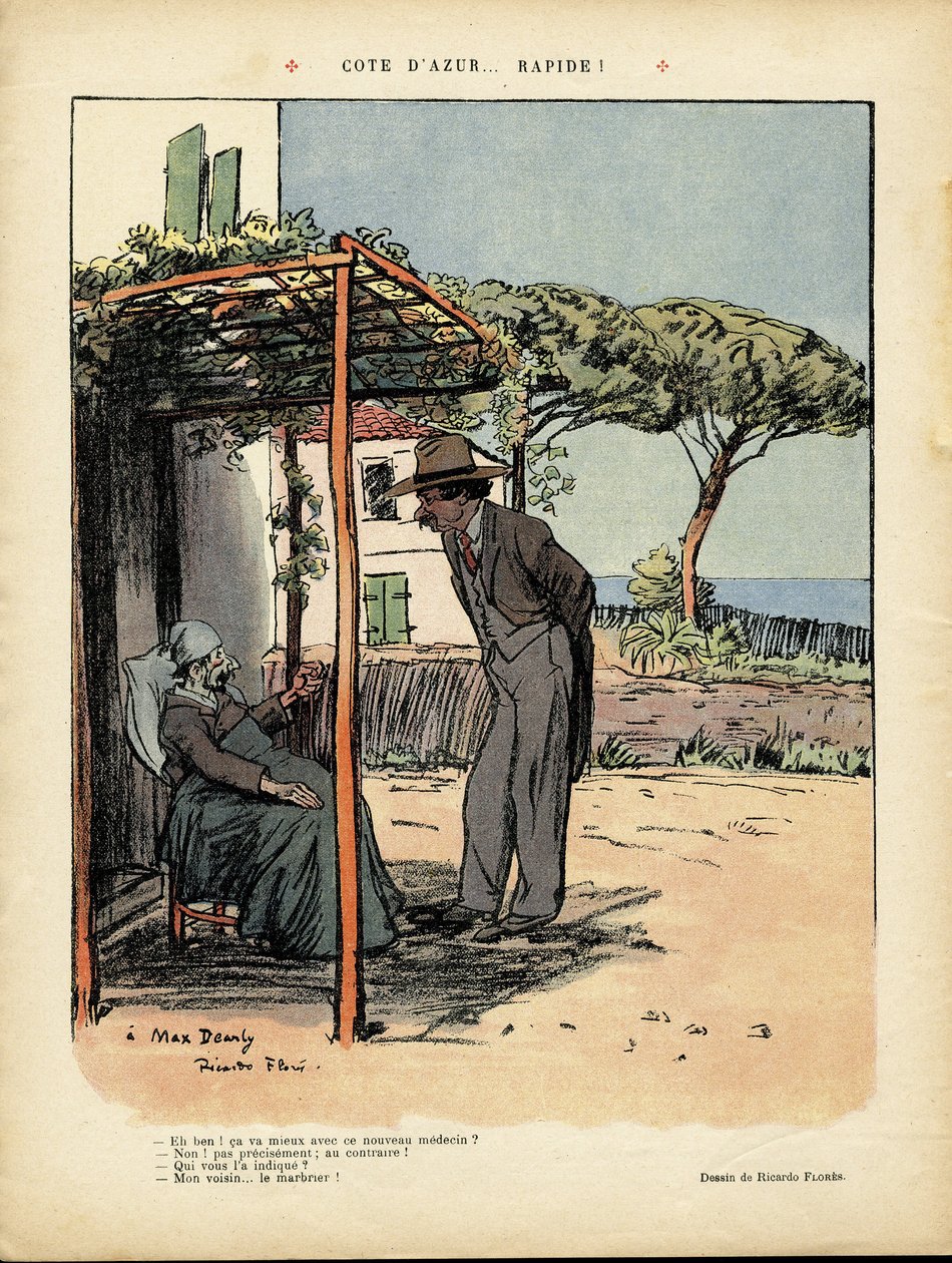 رسم توضيحي لريكاردو فلوريس (1878-1918) في Le Rire ، 24/02/12 - كوت دازور ... بواسطة ريكاردو فلوريس