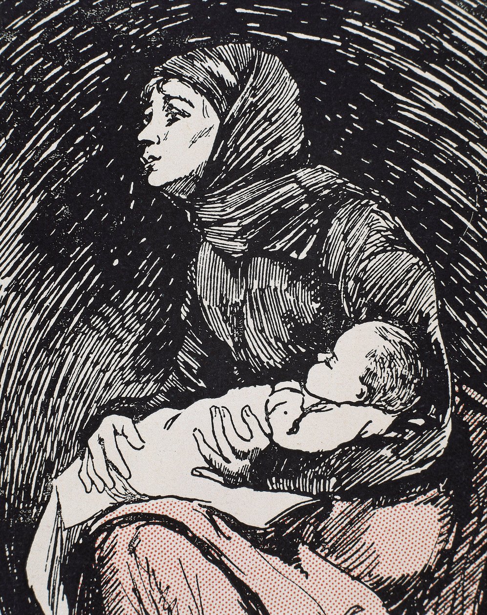 اليوم الذي يسبق ليلة الميلاد. 1900. امرأة نحيفة مع طفلها بين ذراعيها (حفر) بواسطة ريكاردو ماريا نافاريتي