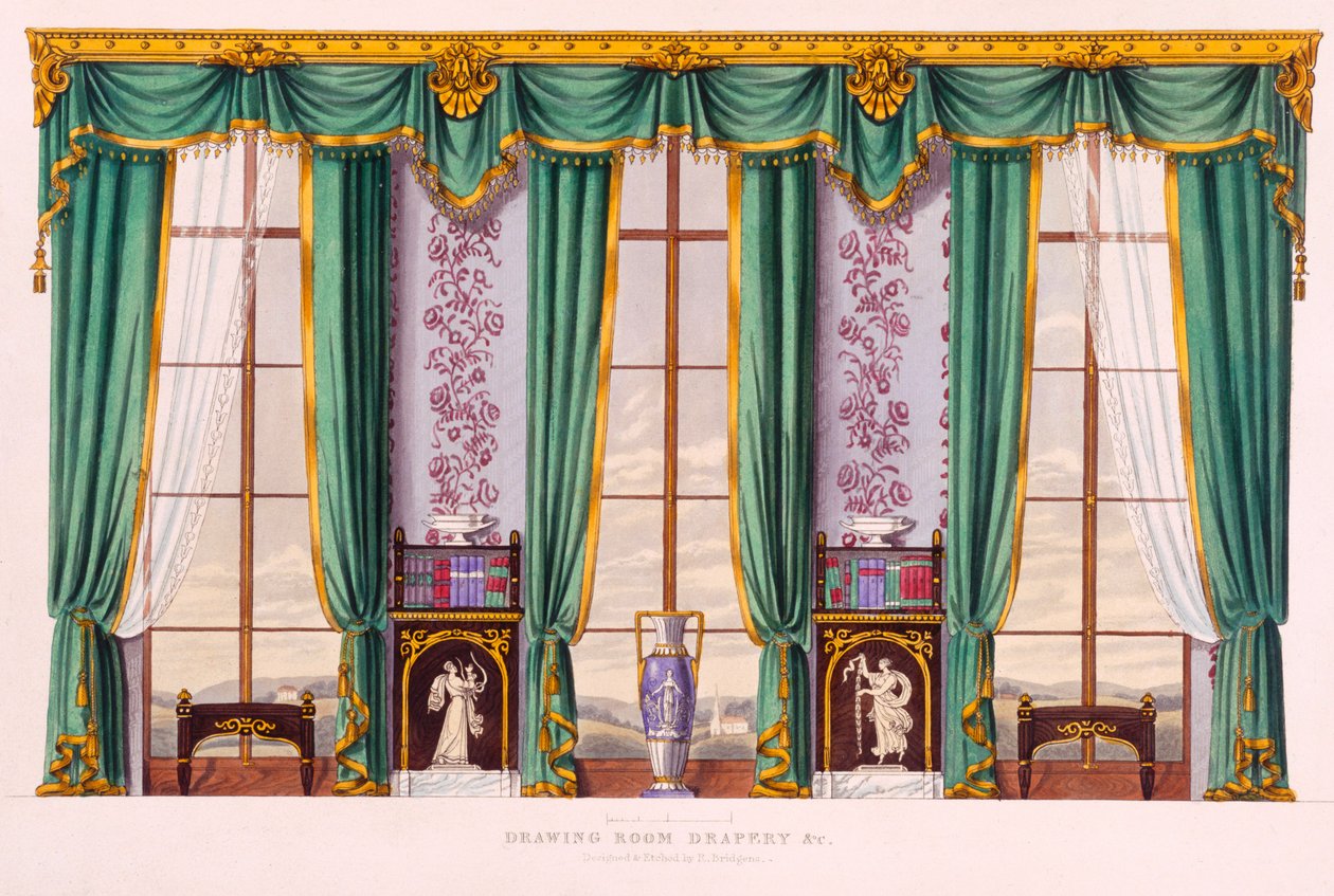 رسم غرفة النوم (إعداد غريسي) من "الأثاث مع الشمعدانات والديكور الداخلي" 1833 بواسطة بريدجينز ، ريتشارد (fl.1820) طباعة ملونة بواسطة ريتشارد بريدجينز
