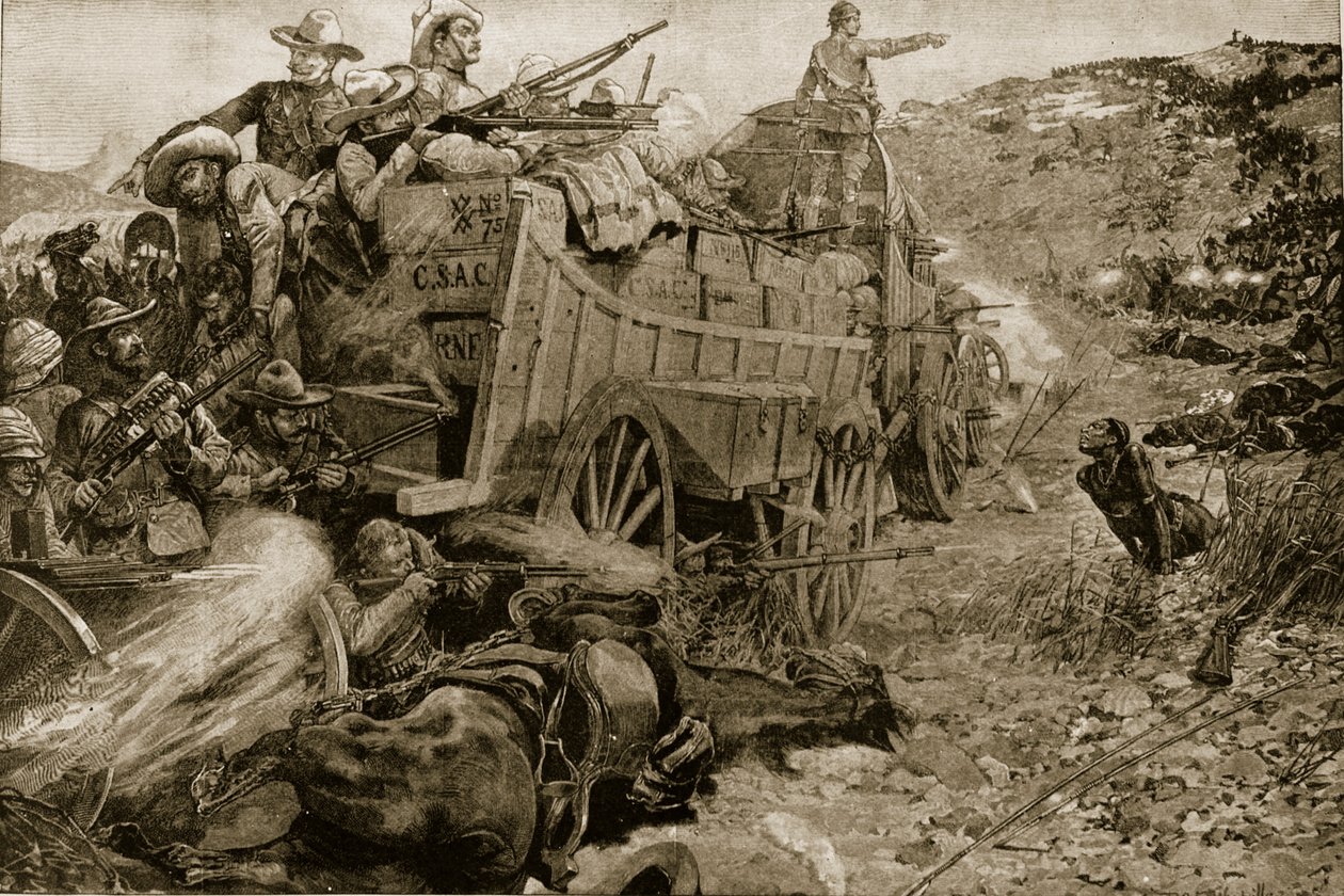 حرب ماتابيلي ، 1893: الهجوم على Laager Wagons على نهر Imbembezi ، 1 نوفمبر ، من "أخبار لندن المصورة" ، 1901 بواسطة ريتشارد كاتون وودفيل