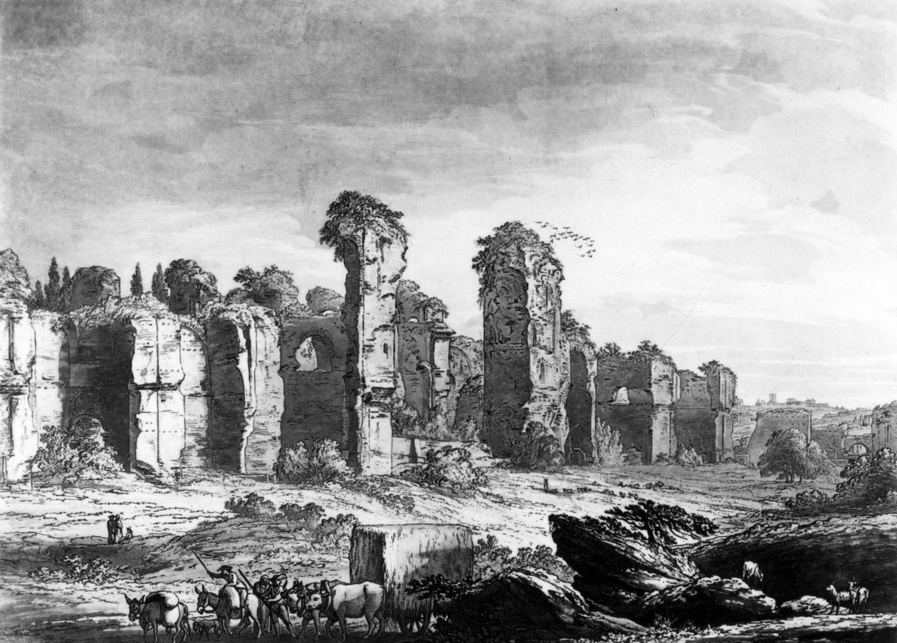منظر لبقايا حمامات كاراكالا ، مأخوذة من حديقة اليسوعية ، روما ، c.1778 (أكواتينت) بواسطة ريتشارد ، الأكبر كوبر