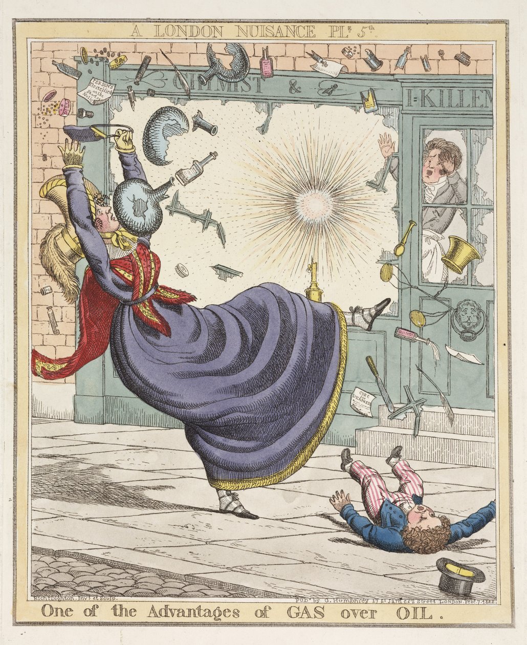 واحدة من مزايا الغاز فوق الزيت ، اللوحة 5 من A London Nuisance ، 1822 (النقش الملون باليد) بواسطة ريتشارد دايتون